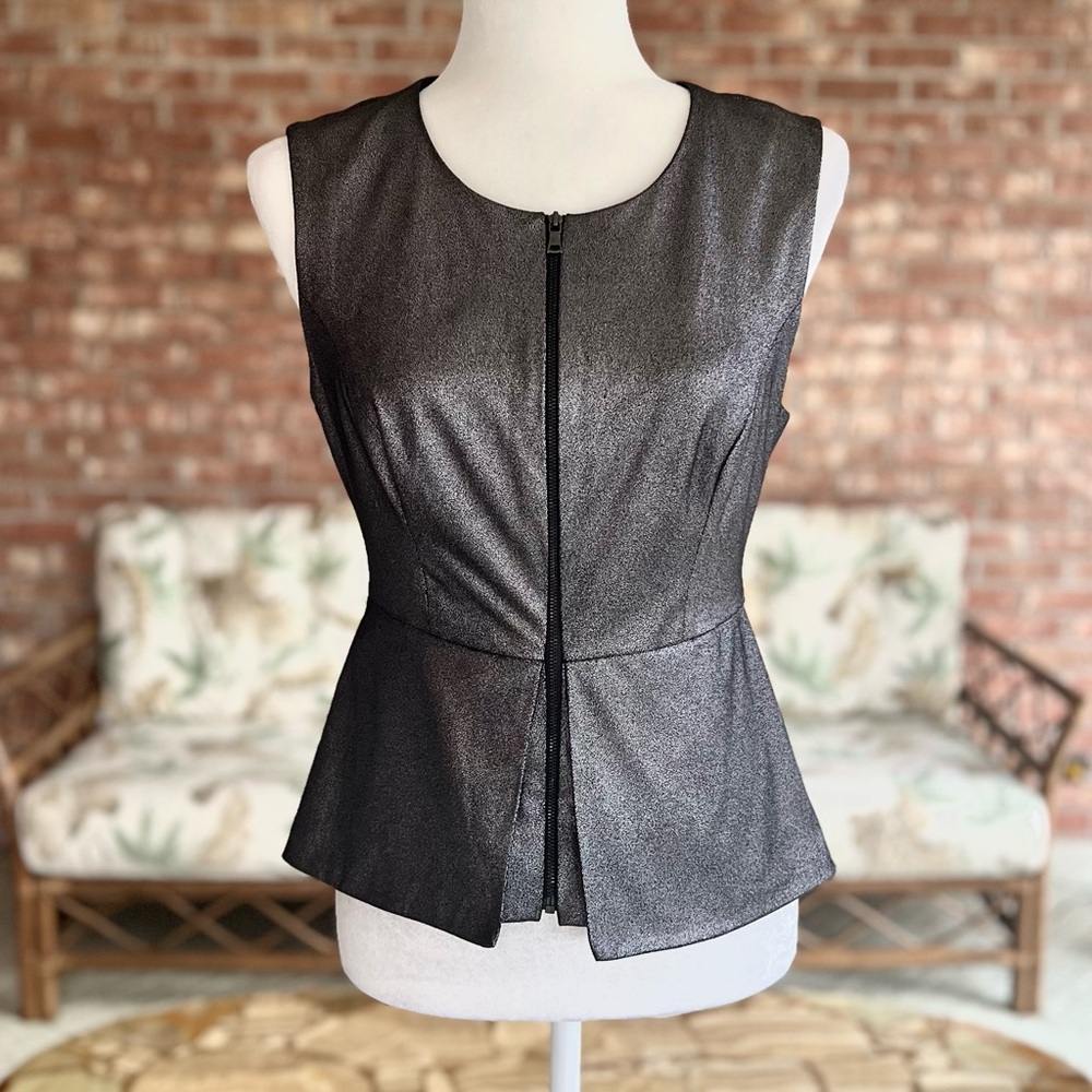 BCBGMAXAZRIA Faux Suede Gunmetal Grey Metallic Sleeveless Peplum Top NWT S
